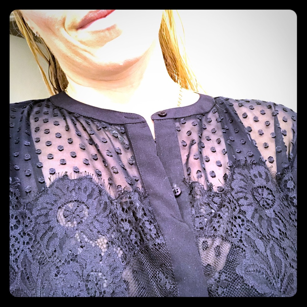 Ann Taylor dark navy blouse lace and polka dots